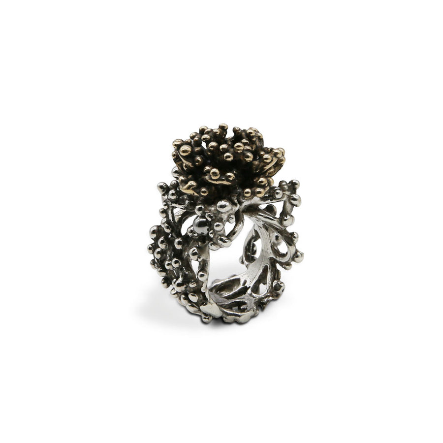 Anello Gocce di rugiada fiore doppio in argento 925 e bronzo - AR010b