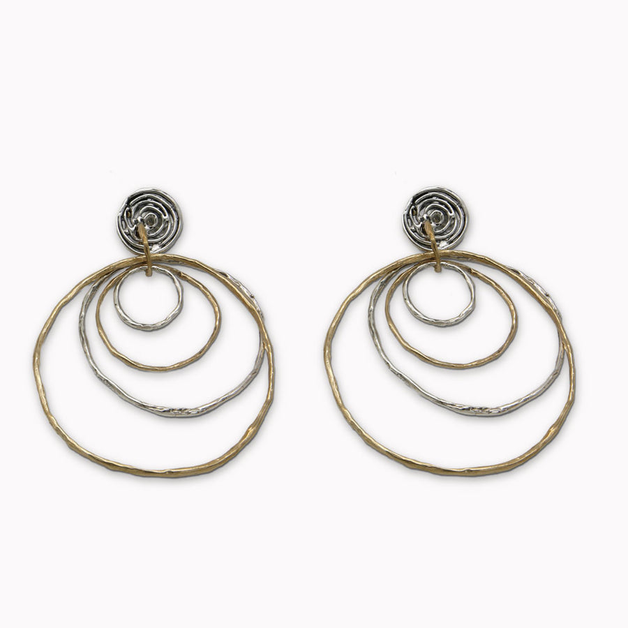 Orecchini pendenti quattro cerchi argento 925 e bronzo toppetta tonda - ORA084