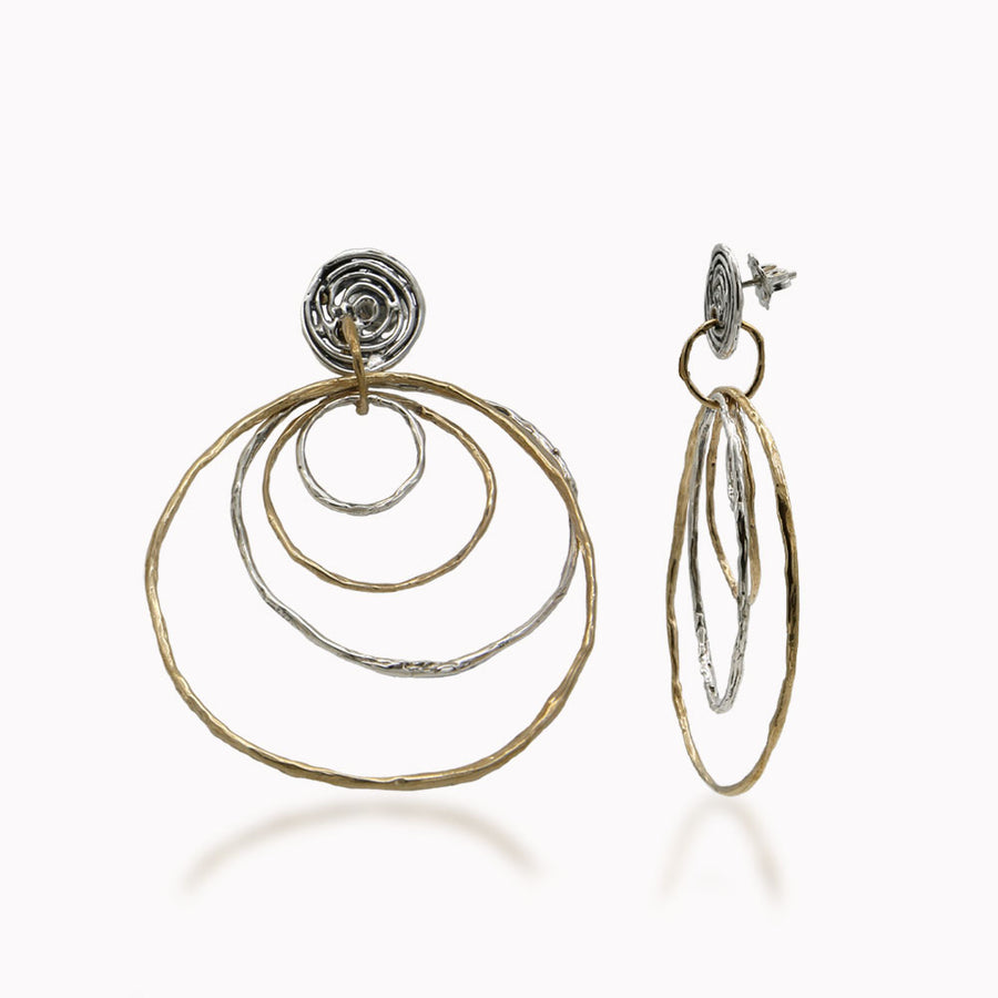 Orecchini pendenti quattro cerchi argento 925 e bronzo toppetta tonda - ORA084