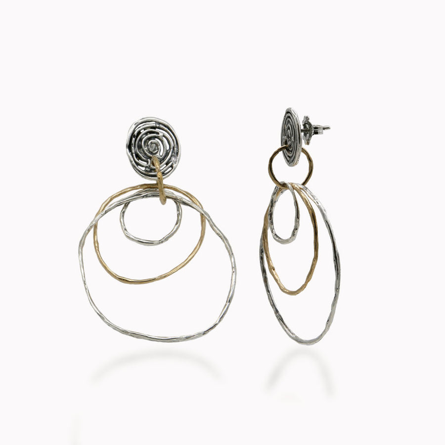 Orecchini pendenti tre cerchi argento 925 e bronzo toppetta tonda - ORA084b