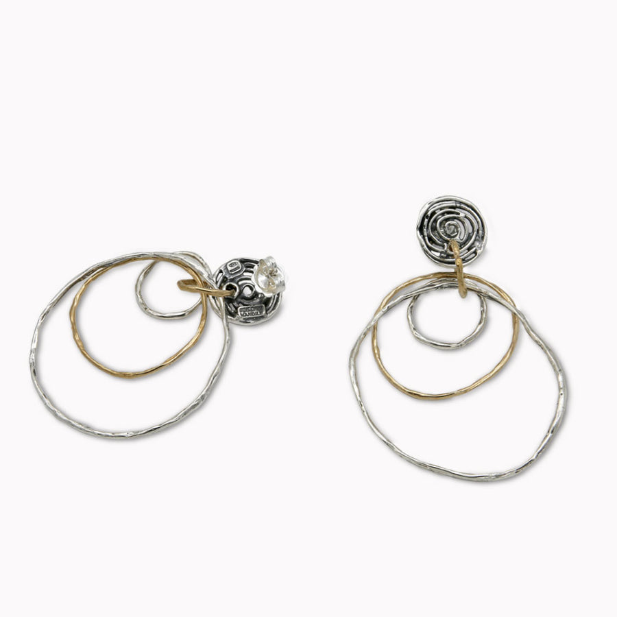 Orecchini pendenti tre cerchi argento 925 e bronzo toppetta tonda - ORA084b