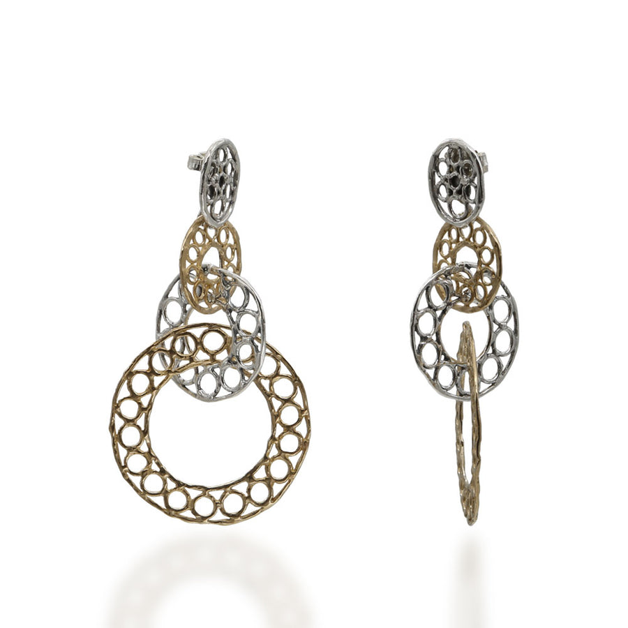 Orecchini pendenti tre cerchi traforo argento 925 e bronzo - ORA086