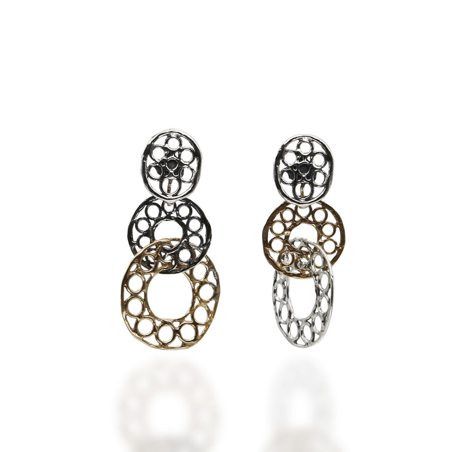 Orecchini pendenti due cerchi traforo  argento 925 e bronzo - ORA086b