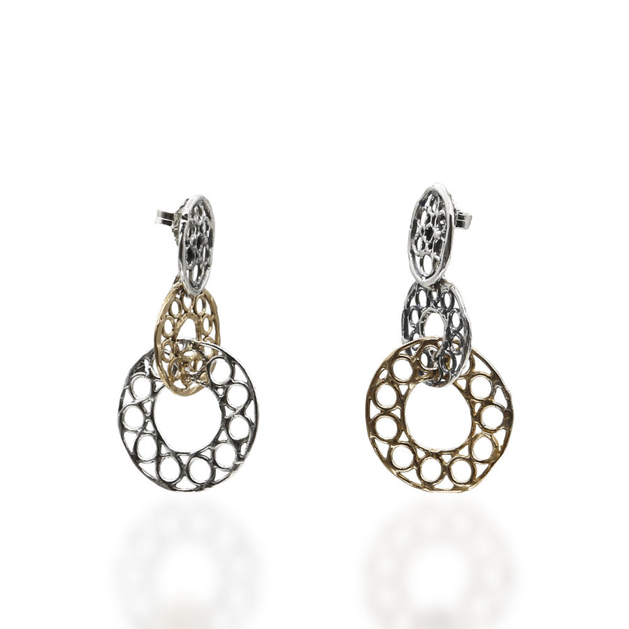 Orecchini pendenti due cerchi traforo  argento 925 e bronzo - ORA086b
