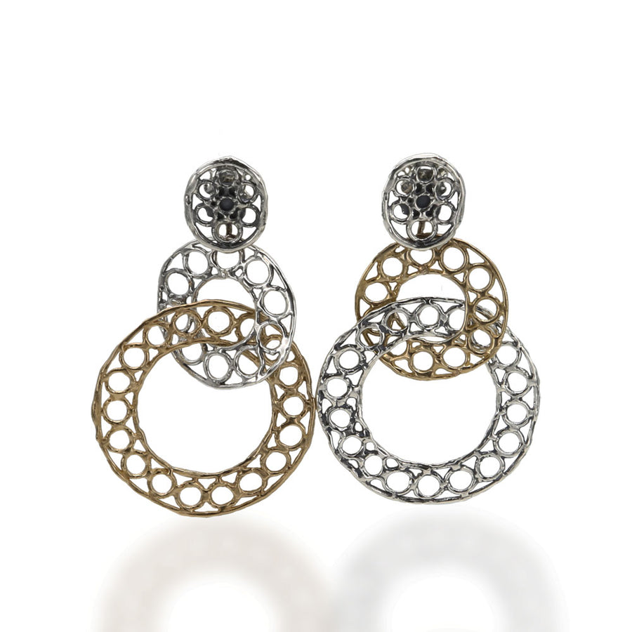 Orecchini pendenti  due cerchi traforati  argento 925 e bronzo -  ORA086e