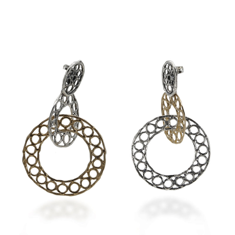 Orecchini pendenti  due cerchi traforati  argento 925 e bronzo -  ORA086e
