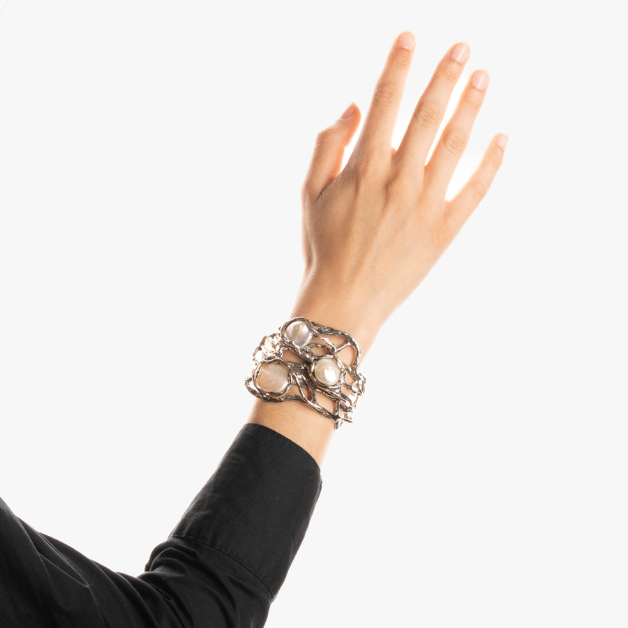 Bracciale rigido Rami argento 925 bronzo con perla o acquamarina -  BA021P perla / acquamarina