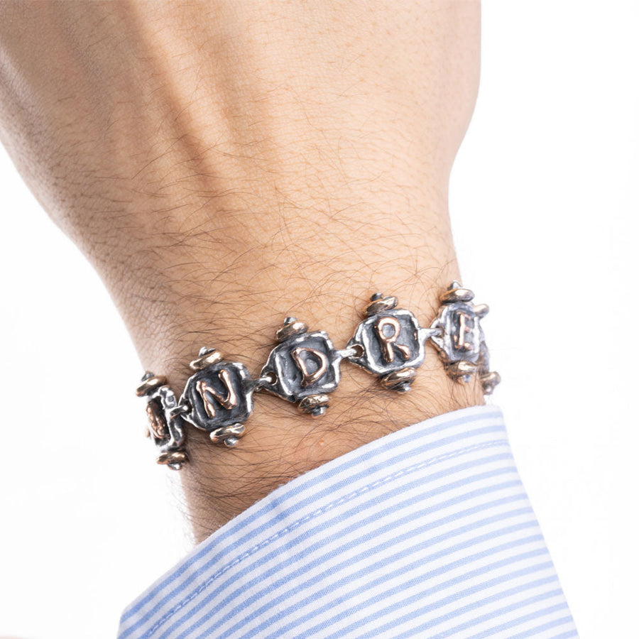 Bracciale lettering unisex trenino argento 925 e bronzo rosa 5 lettere - BA144_b