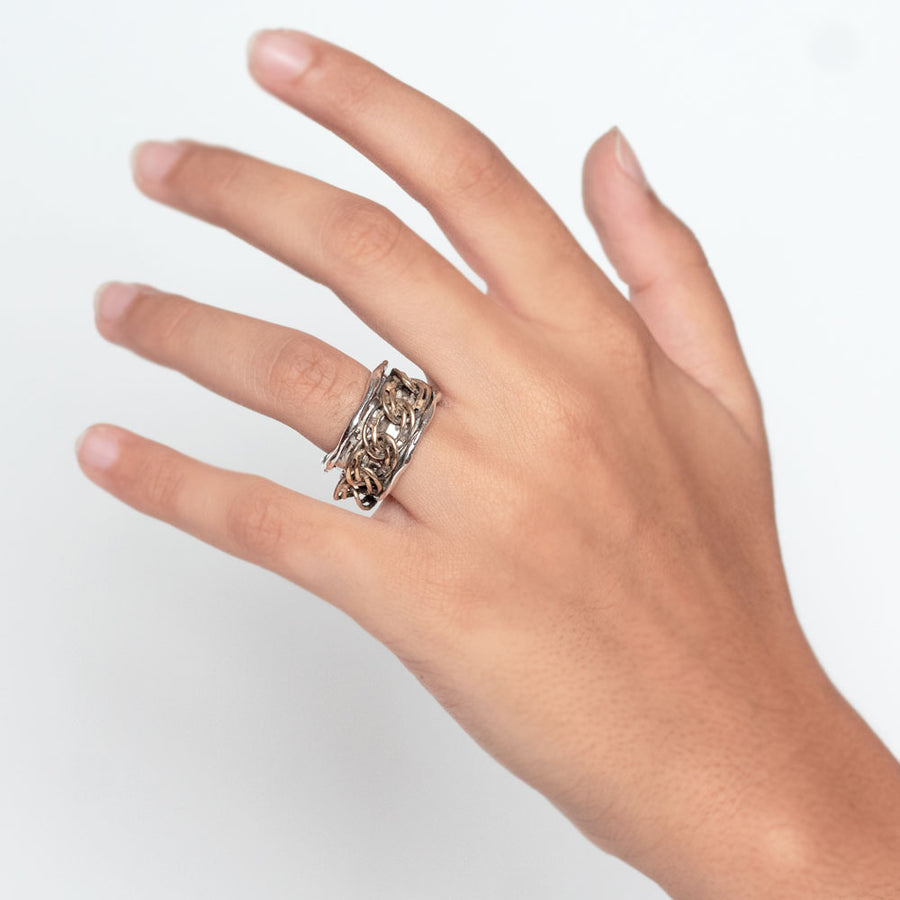 Anello fascia maglia gourmette argento 925 e bronzo - AR104