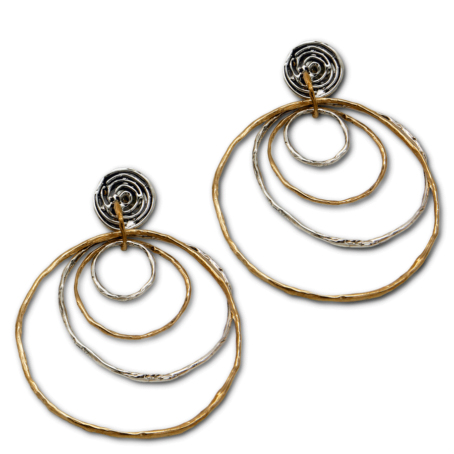 Orecchini pendenti quattro cerchi argento 925 e bronzo toppetta tonda - ORA084