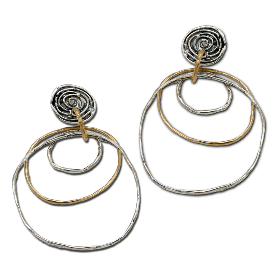Orecchini pendenti tre cerchi argento 925 e bronzo toppetta tonda - ORA084b