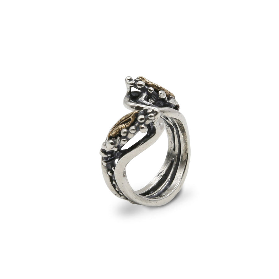 Anello contrariè argento 925 e bronzo foglioline e pallini - AR037