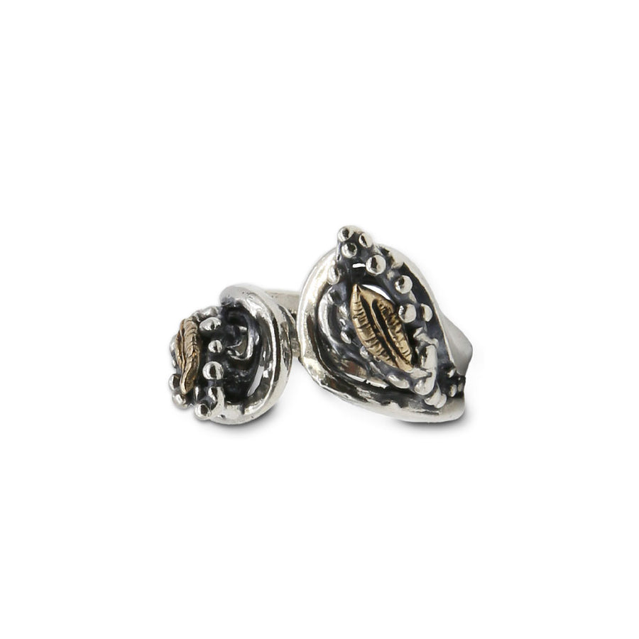 Anello contrariè argento 925 e bronzo foglioline e pallini - AR037