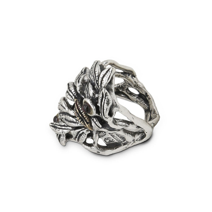 Anello Regina fascia foglioline argento 925 e bronzo e pietra naturale cobochon  - AR045