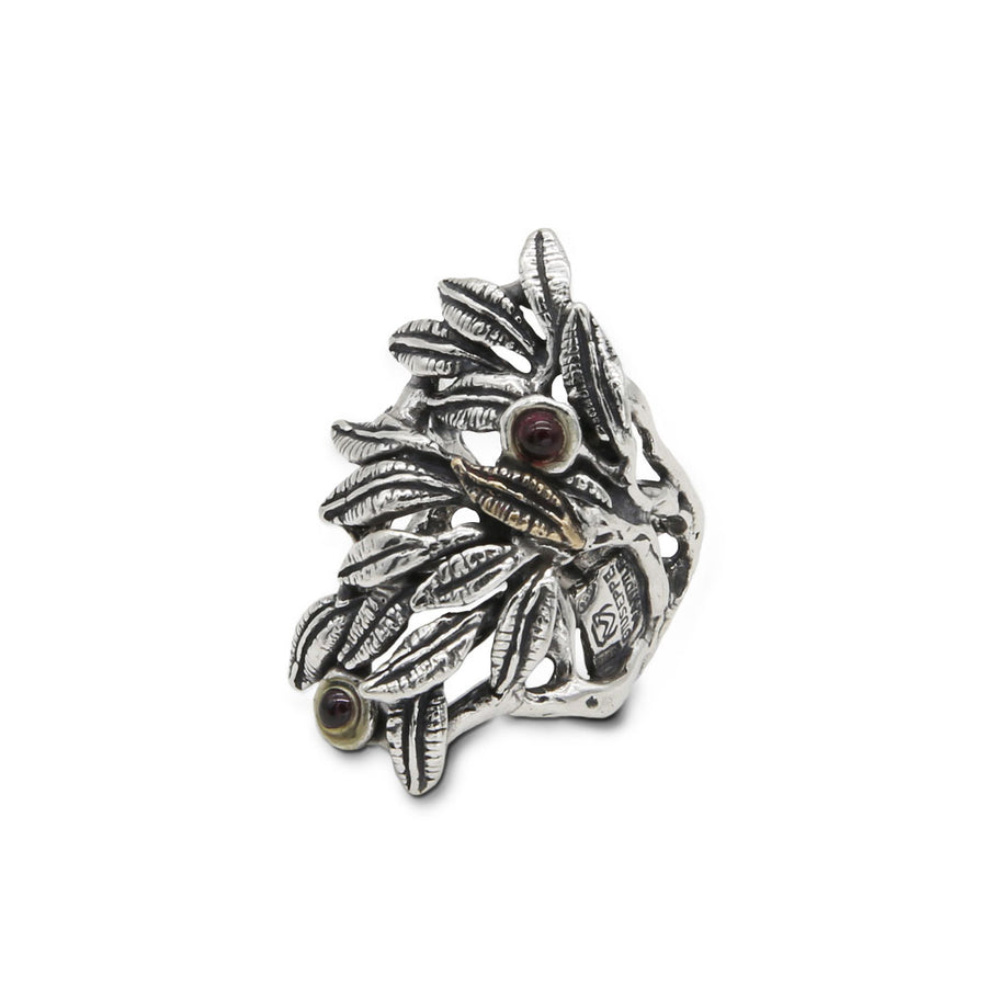 Anello Regina fascia foglioline argento 925 e bronzo e pietra naturale cobochon  - AR045