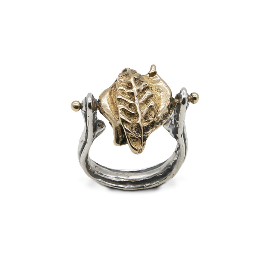 Anello unisex Foglie argento 925 medaglietta ribaltabile bronzo - AR099b