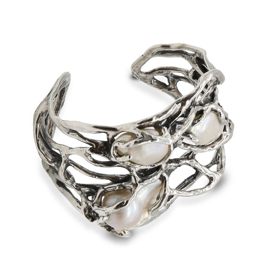Bracciale rigido Rami argento 925 bronzo con perla o acquamarina -  BA021P perla / acquamarina