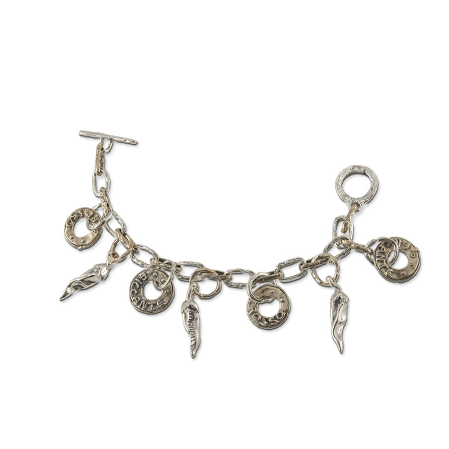 Bracciale unisex Rosso e piccante maglia anelli rettangolari peperoncini argento 925 e cerchi bronzo - BA033pep