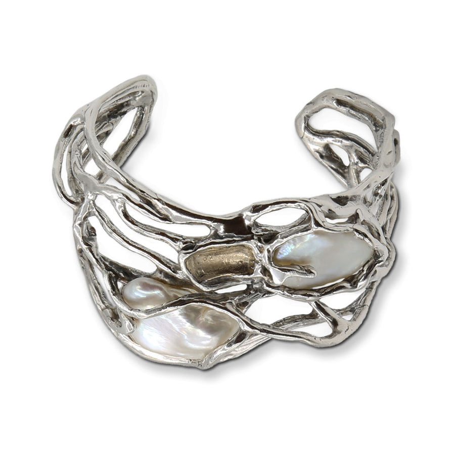Bracciale rigido Rami argento 925 bronzo e perle barocche - BA035P perla