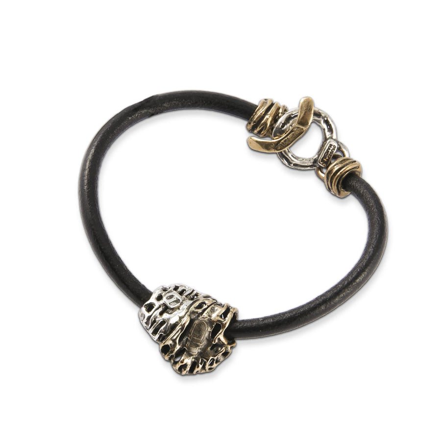 Bracciale unisex  cinturino cuoio sasso fili argento 925 e bronzo -  BA072