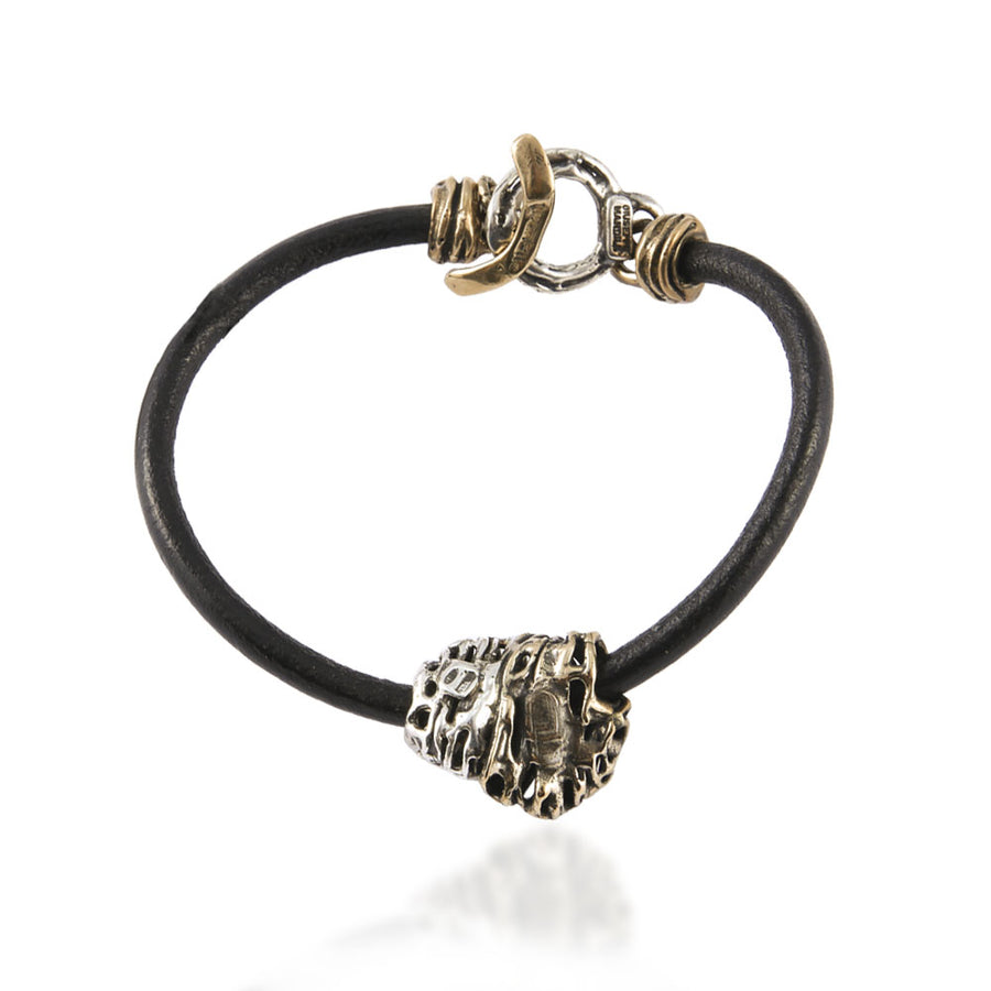Bracciale unisex  cinturino cuoio sasso fili argento 925 e bronzo -  BA072