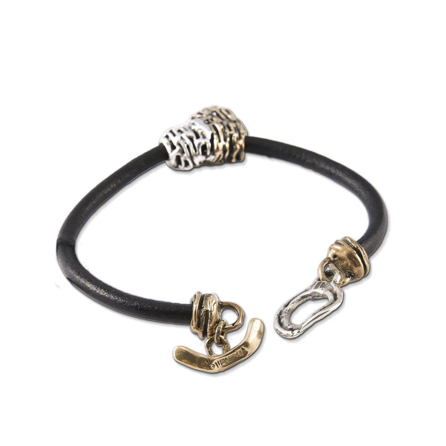 Bracciale unisex  cinturino cuoio sasso fili argento 925 e bronzo -  BA072