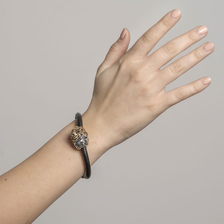 Bracciale unisex  cinturino cuoio sasso fili argento 925 e bronzo -  BA072