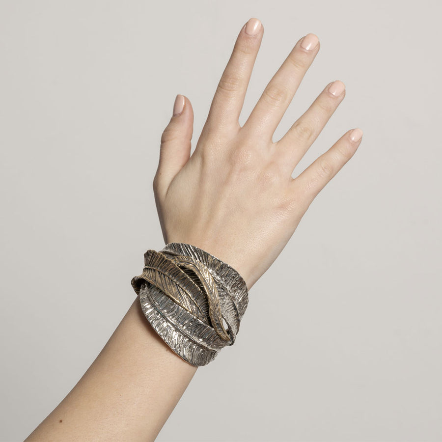 Bracciale rigido Foglie lunghe argento 925 e bronzo - BA073