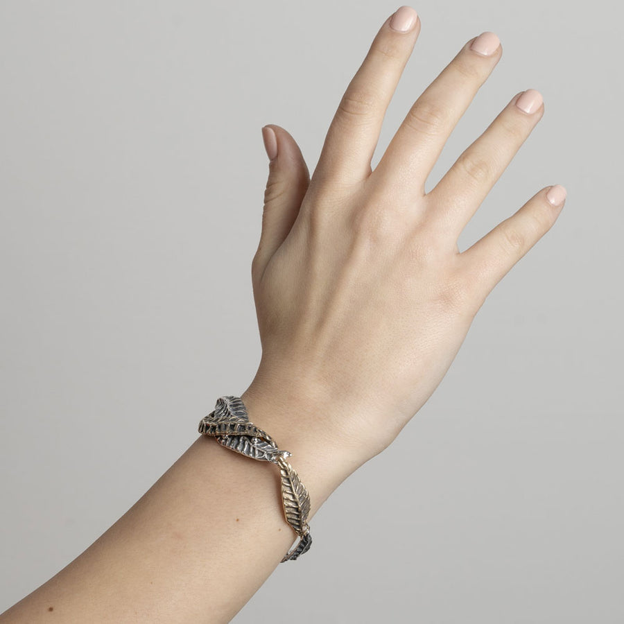 Bracciale semirigido Foglie lunghe argento 925 e bronzo - BA095