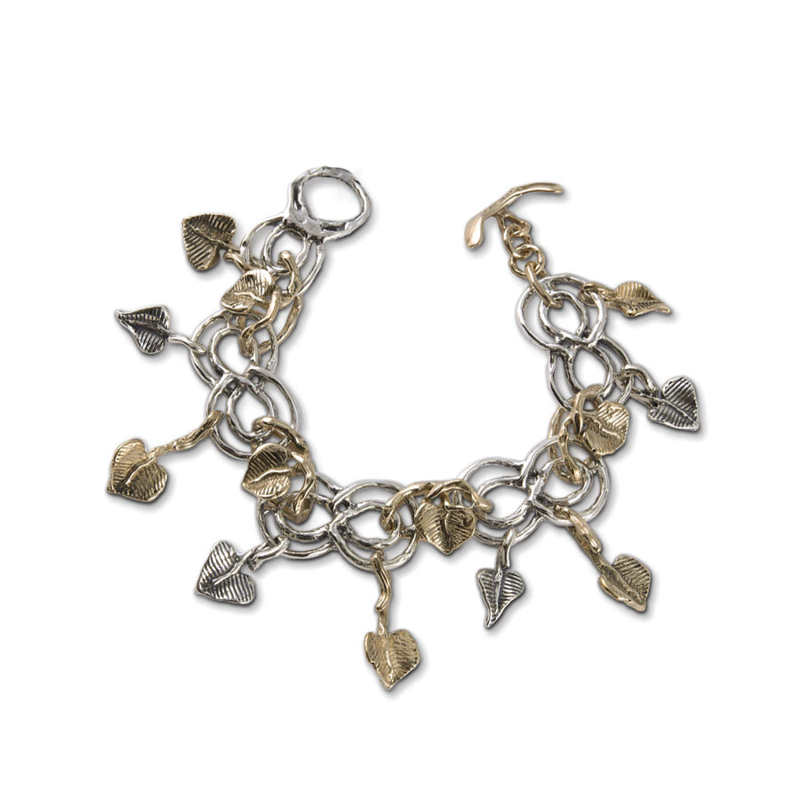 Bracciale maglia Foglie a cuore charms argento 925 e bronzo -  BA096