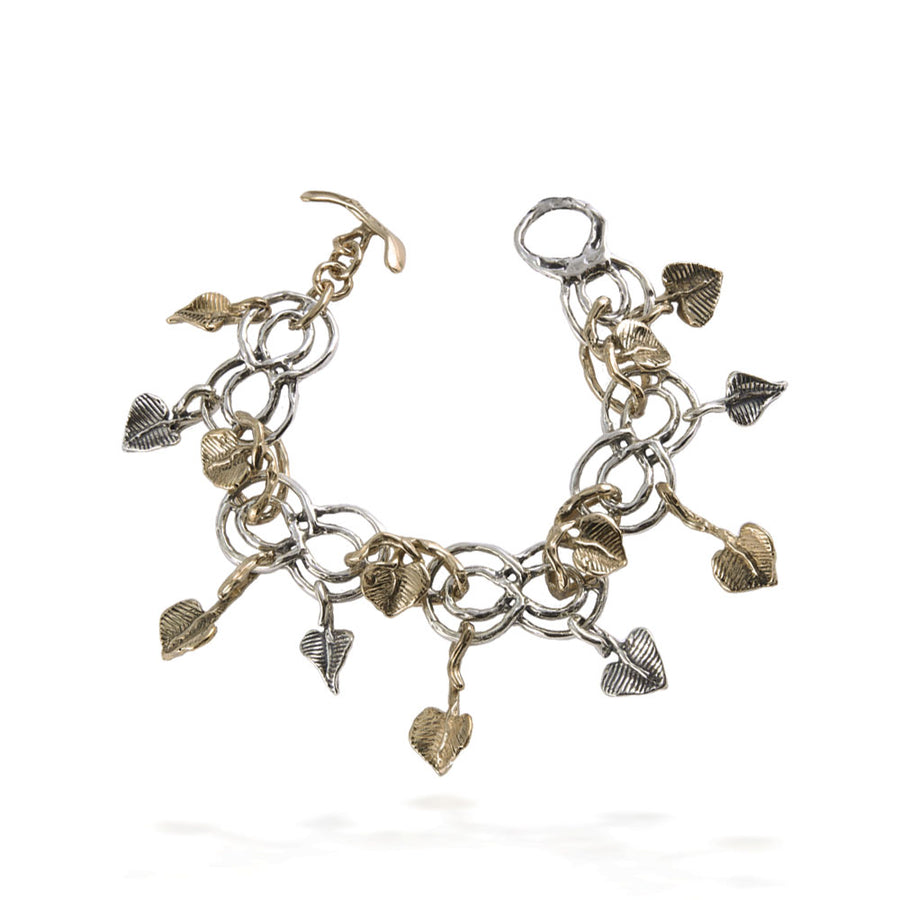 Bracciale maglia Foglie a cuore charms argento 925 e bronzo -  BA096