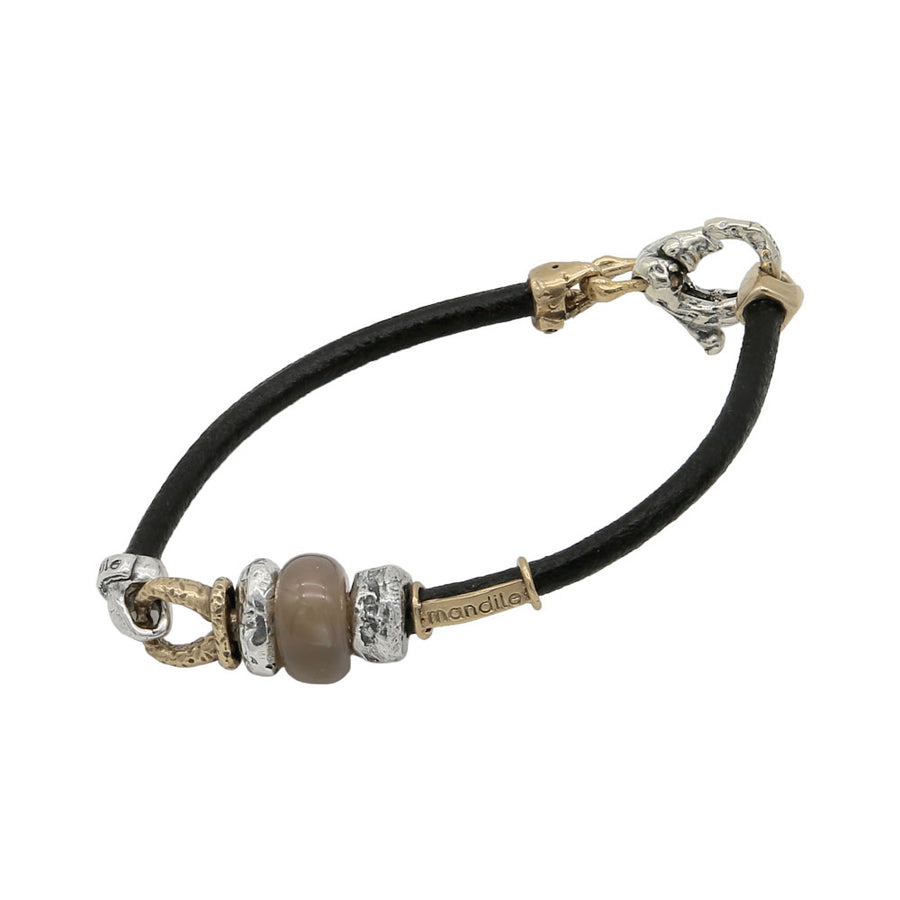 Bracciale unisex cinturino vero cuoio sassolini argento 925 bronzo e pietra semipreziosa - BA123