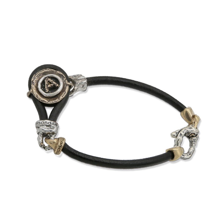 Bracciale unisex personalizzabile con iniziale argento 925 e bronzo cinturino cuoio - BA128