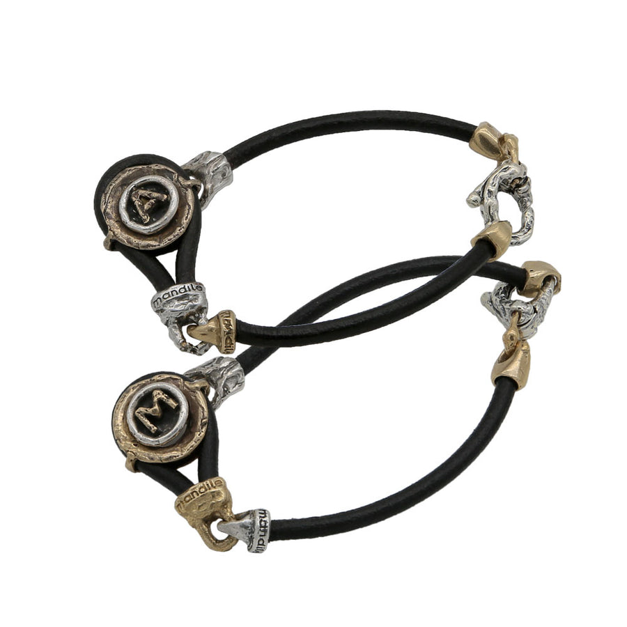 Bracciale unisex personalizzabile con iniziale argento 925 e bronzo cinturino cuoio - BA128