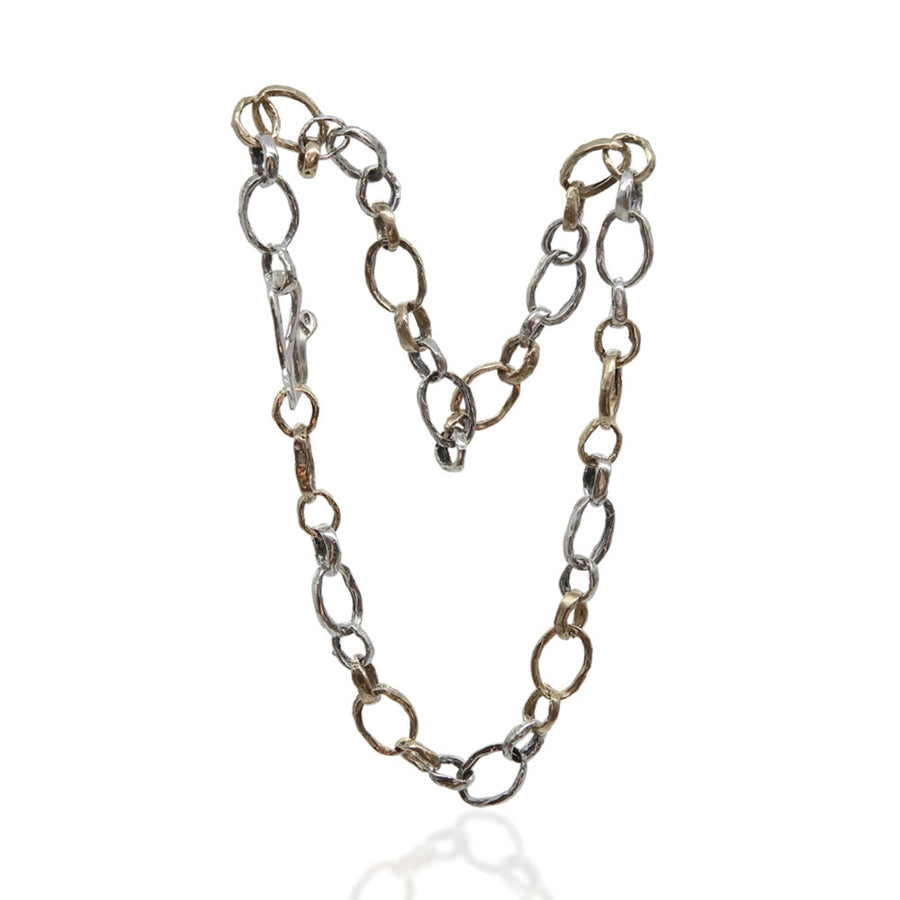 Collana longuette unisex maglia anelli ovali argento 925 e bronzo - CA030b