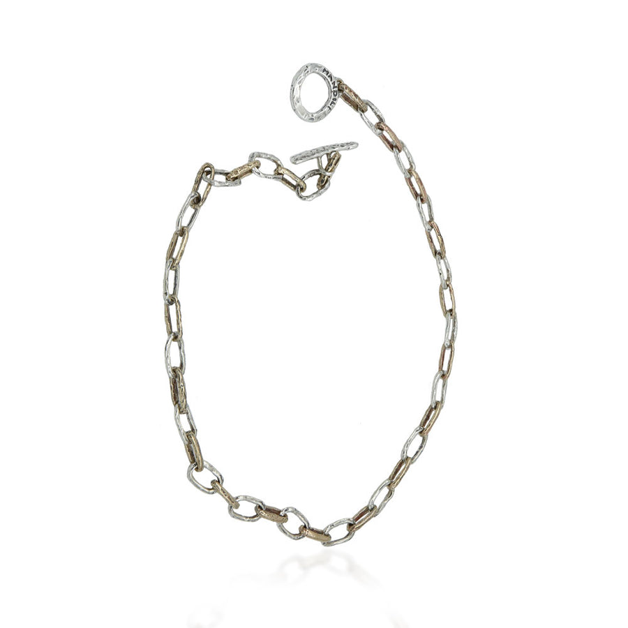 Collana  girocollo unisex maglia anelli rettangolari argento 925 e bronzo - CA055b