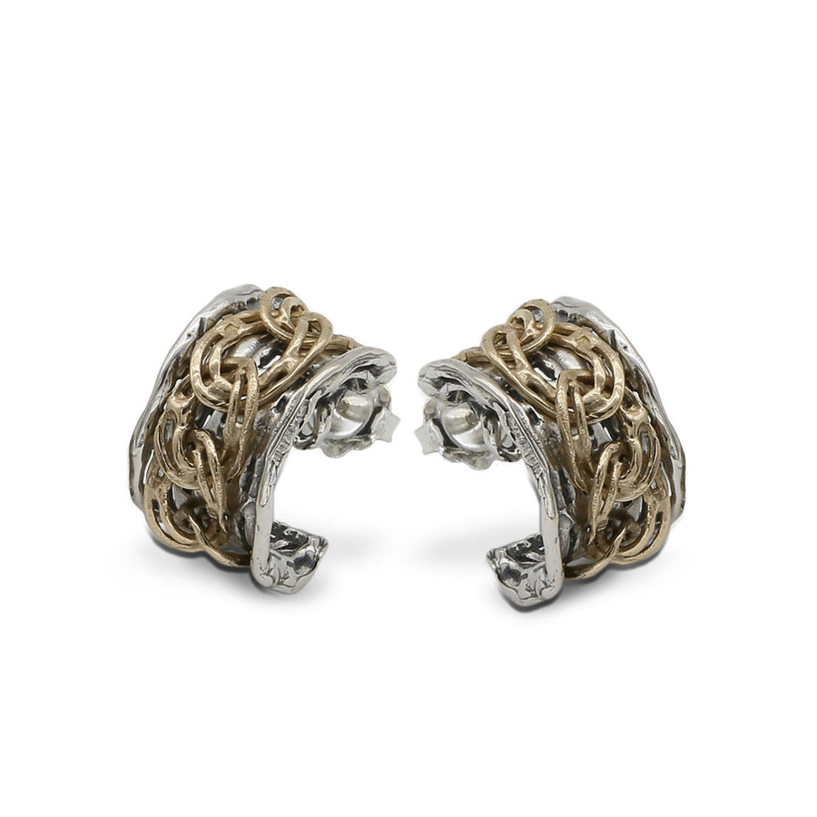 Orecchini a lobo semicerchio  argento 925 e catena gourmette bronzo -  ORA074